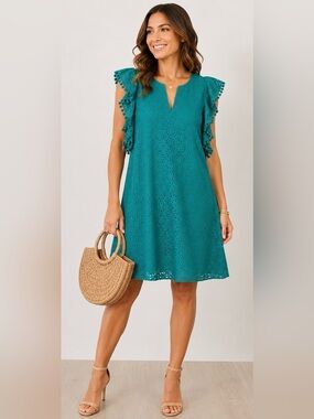 Lilly Pulitzer XL Teal Eyelet Shift Dress Pom Pom Sleeve Coastal Resort